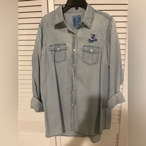 Antigua Ladies KC ROYALS Light Blue Long sleeve Chambray Shirt. Size XL EUC